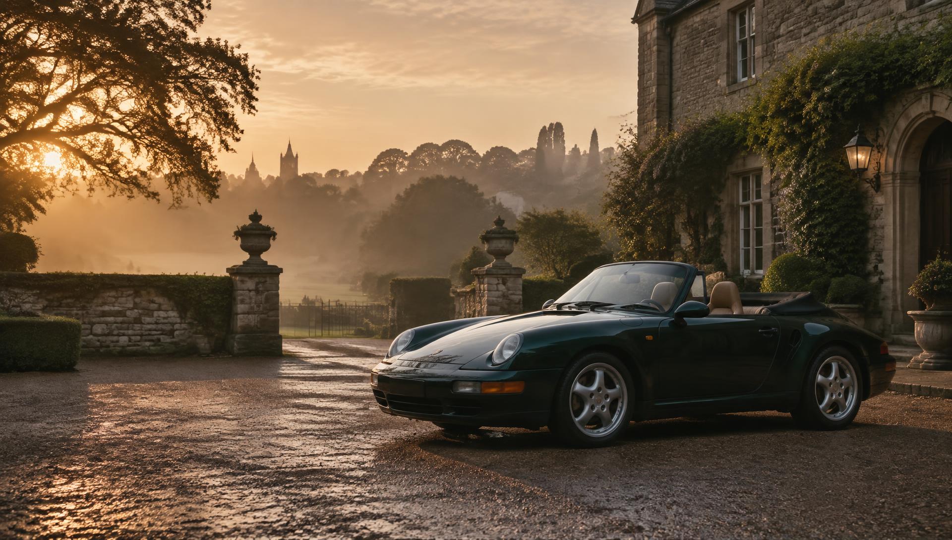 An illustrative classic cabriolet at dusk outside a country house